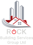 Logo for Rock Building Services Group Ltd: stylized gray skyscrapers behind a red house roof and a red power button in O.