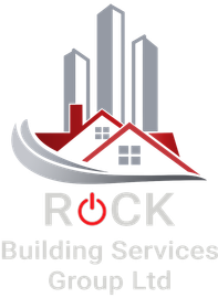 Logo for ROCK Building Services Group Ltd, featuring gray skyscrapers behind a red and white house icon.