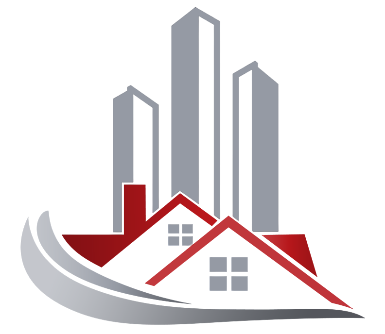 A logo featuring red house roofs in front of three gray skyscrapers, with a curved gray sweep at the bottom.