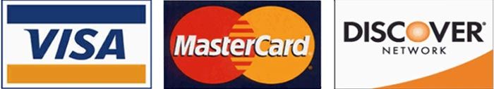 Logos for Visa, Mastercard, and Discover credit cards.