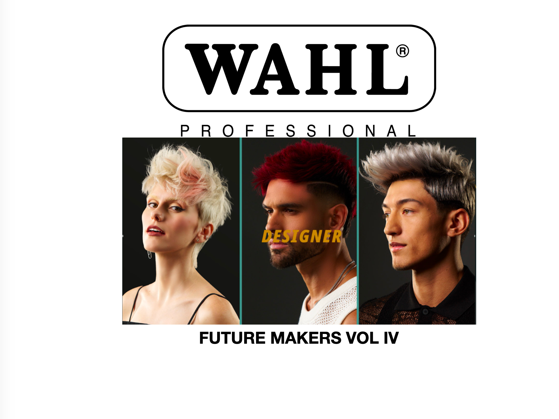 Pubblicità di Wahl Professional: un barbiere che taglia i capelli a una cliente, sotto lo sguardo di un'altra persona, in un salone.