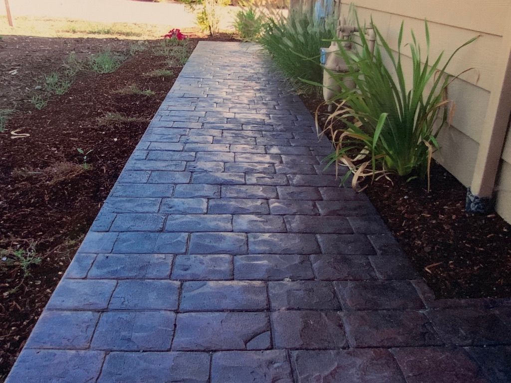 A brick walkway leading to a house with plants on the side