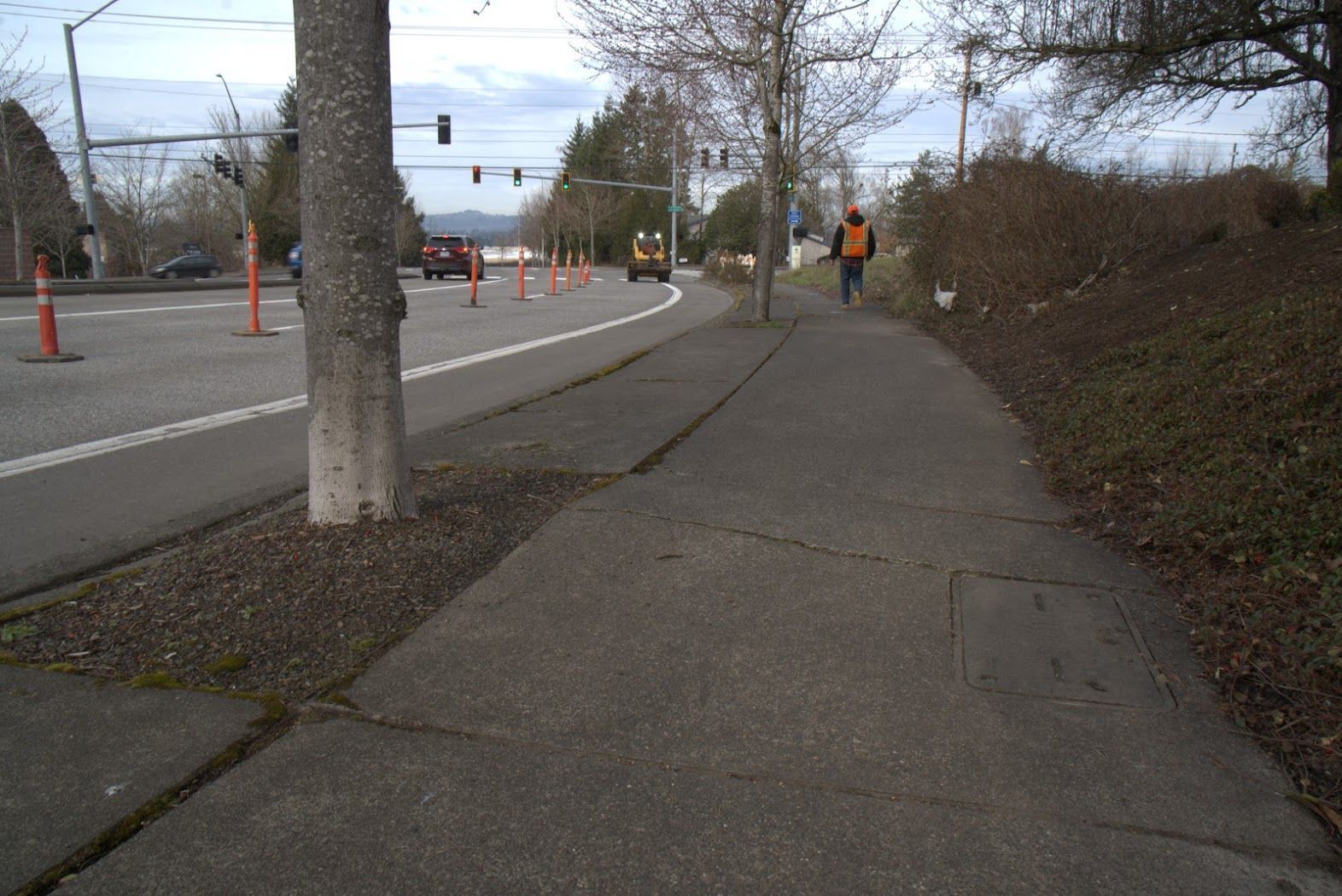 A person is walking down a sidewalk next to a street.