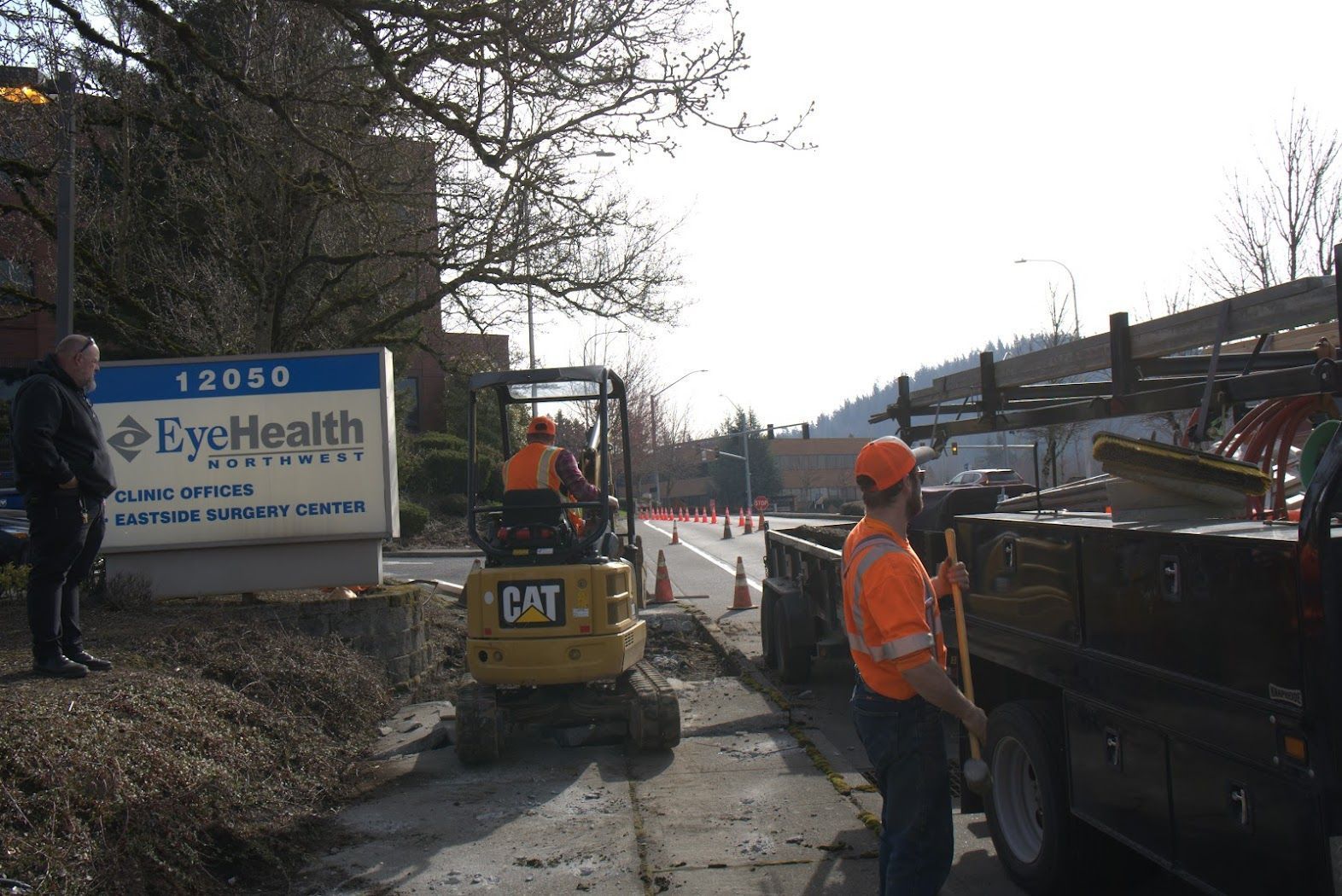 A construction site with a sign that says eye health