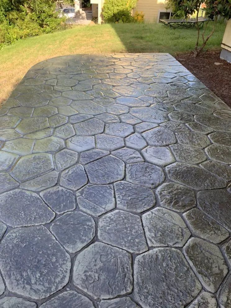 A concrete walkway with a pattern of hexagons in a backyard.