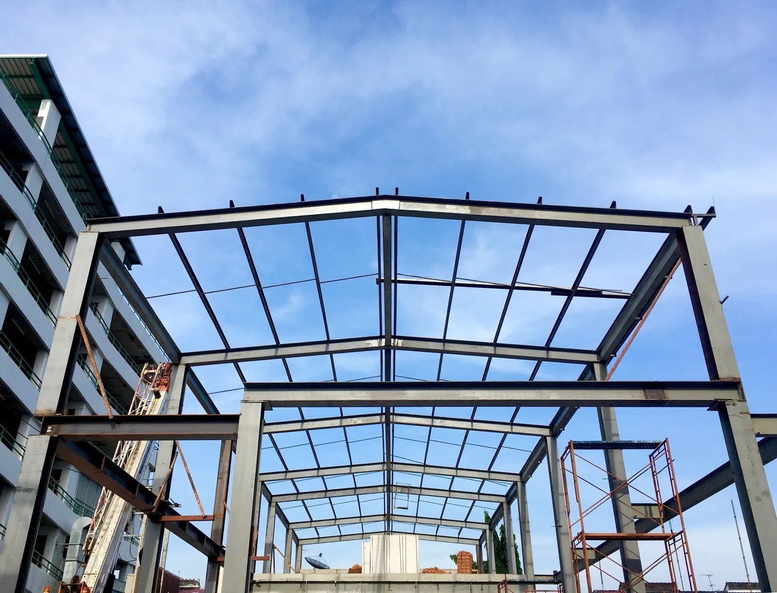 A large building under construction with a blue sky in the background.