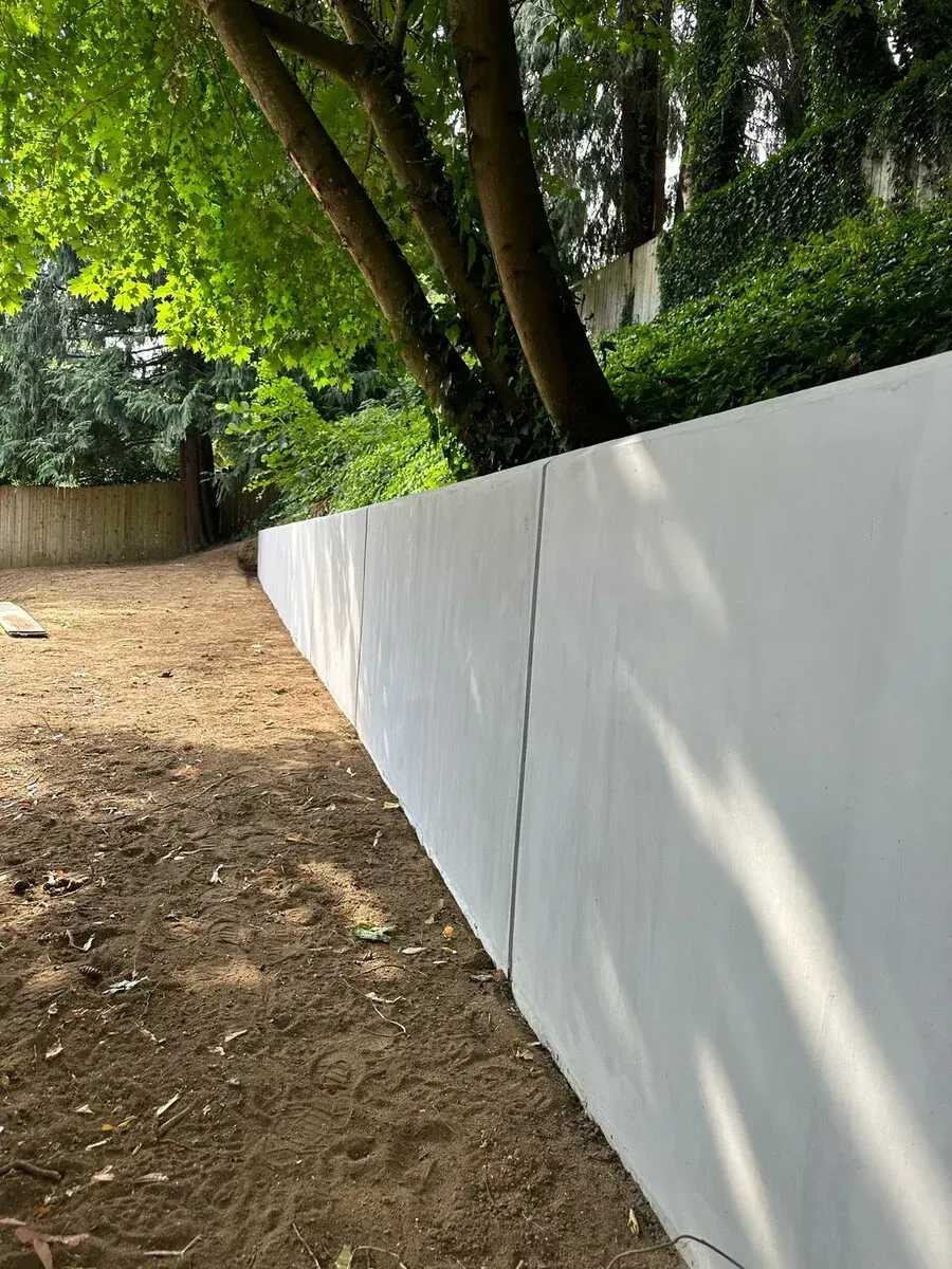 A white wall is surrounded by trees and dirt in a park.
