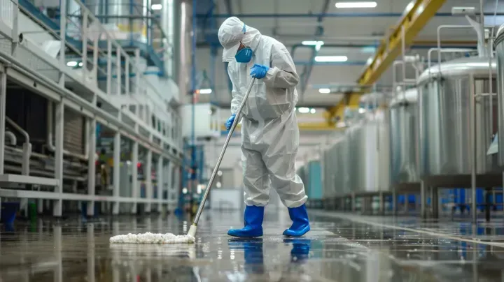 A man in a protective suit is cleaning the floor of a factory with a mop.