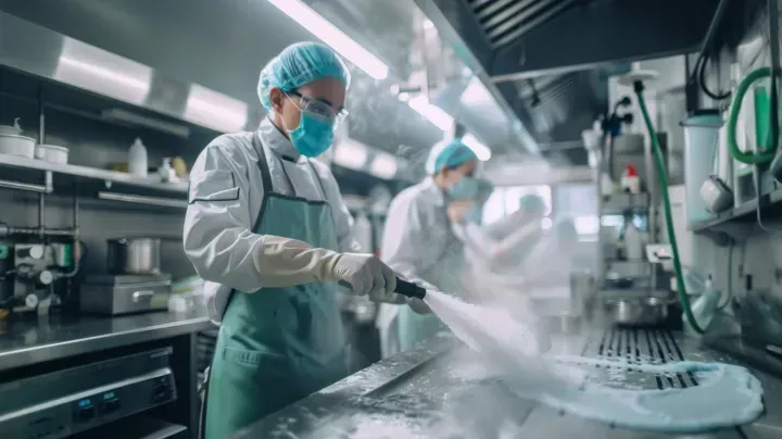 A man wearing a mask is cleaning a counter in a kitchen.