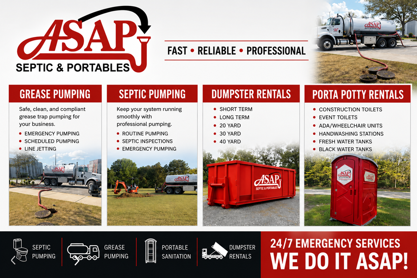 ASAP Septic & Portables ad with septic, dumpster and porta potty services, red-and-white layout, 24/7 emergency service