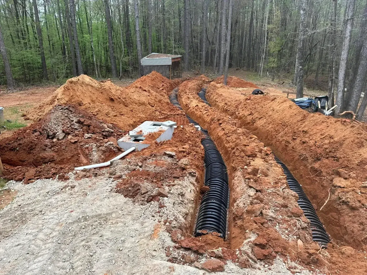 Trenches with black drainage pipes in a dirt yard, trees in the background.
