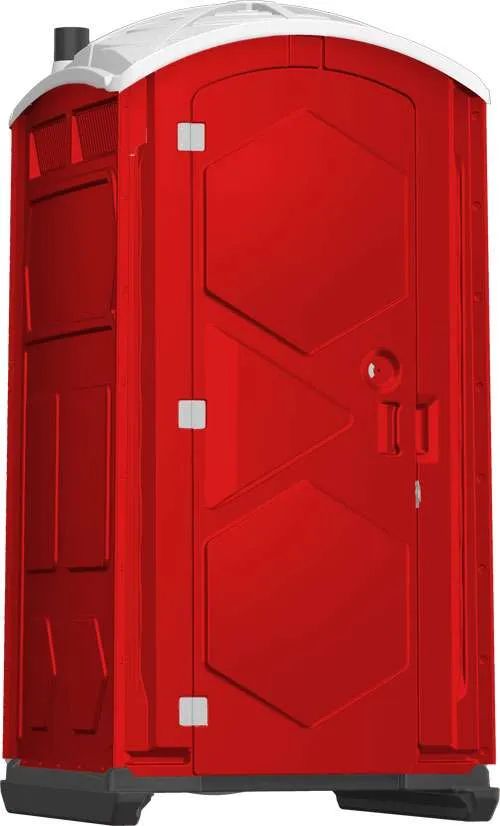 Red portable toilet with a white roof against a blank background.