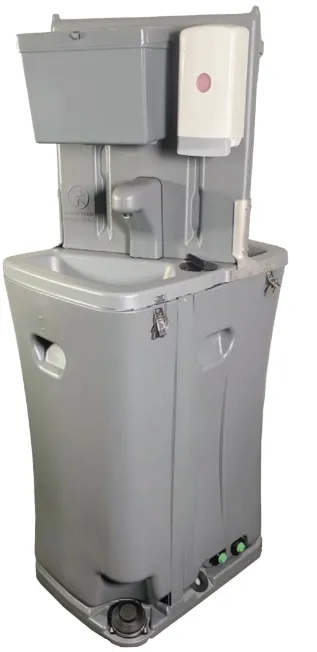 Gray portable handwashing station with soap dispenser, water tank, and foot pump.