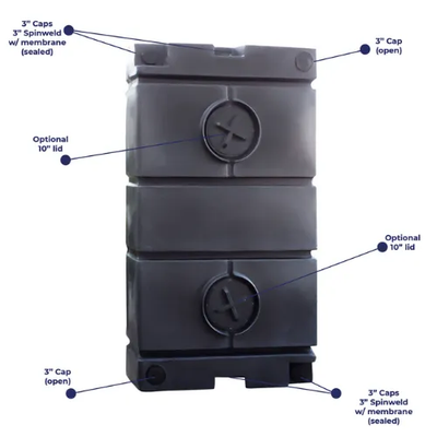 Dark gray plastic water tank with multiple capped openings and two optional lids.