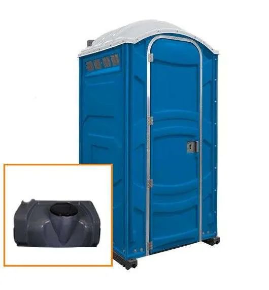 Blue portable toilet with a black waste tank in the inset.