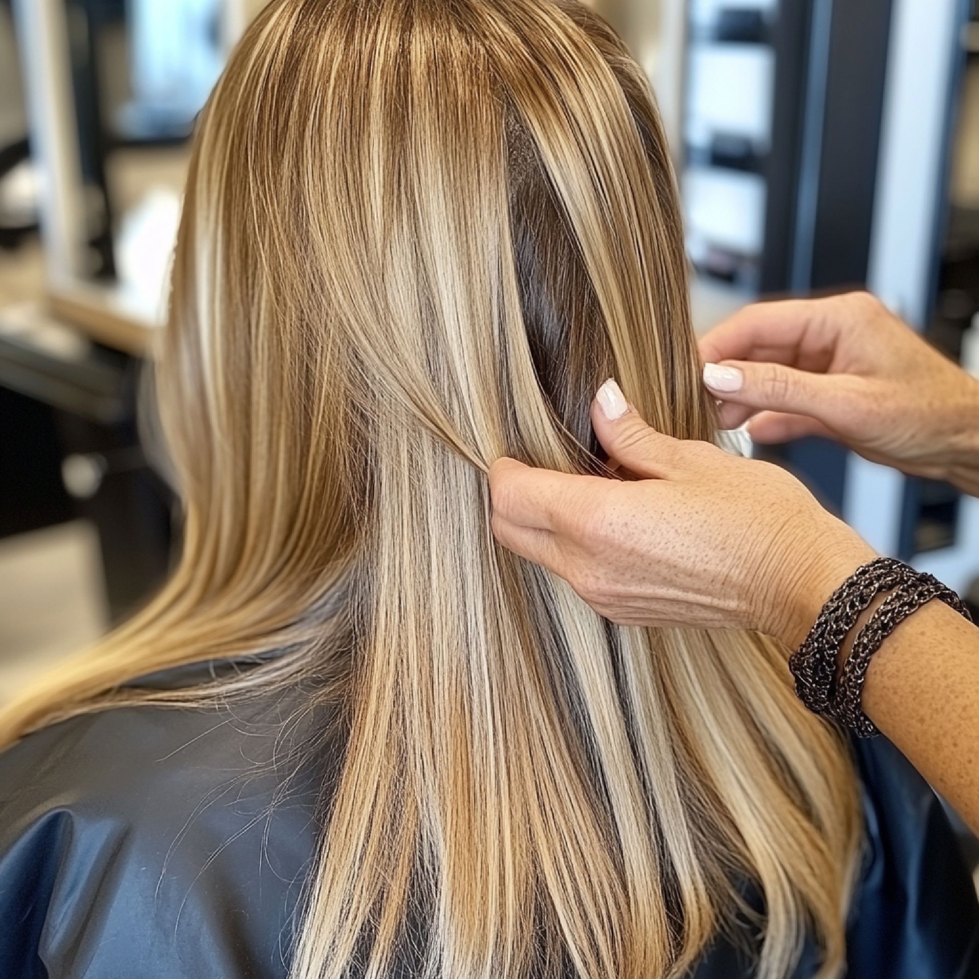 A woman is getting her hair done at a salon