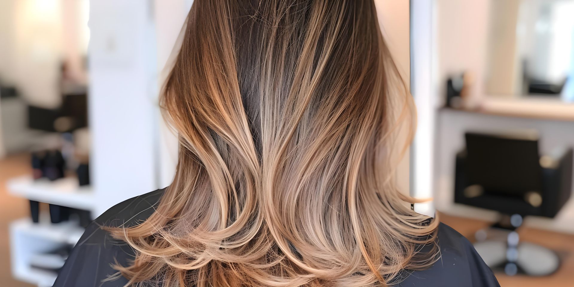 The back of a woman 's head with long brown hair in a salon.