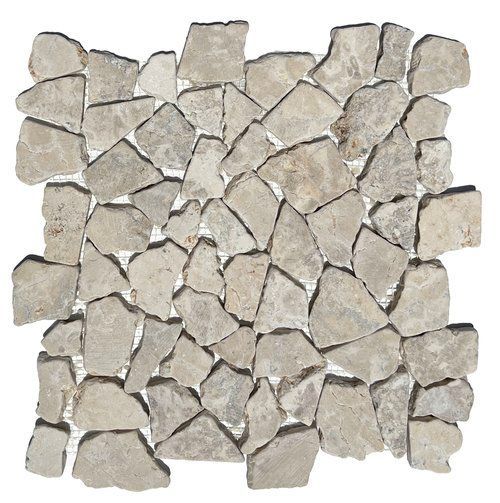 Gray stone mosaic tile, irregularly shaped, set on a white mesh backing.