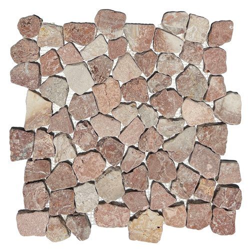 Mosaic tile with roughly cut, reddish-brown and beige stones set on a white backing.