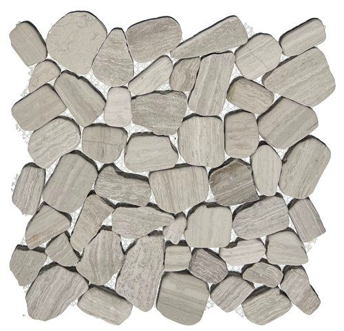 Gray stone mosaic tile on a white mesh backing.