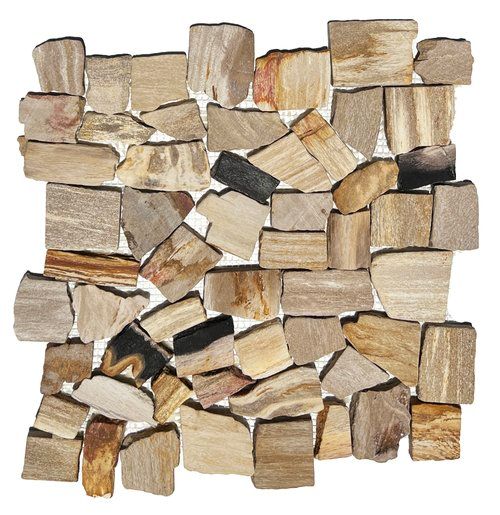 Mosaic tile made of irregular, neutral-toned wood pieces. Some pieces show dark and reddish hues.
