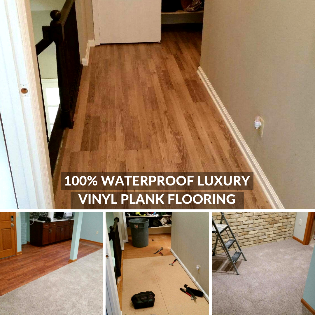 Hallway with wood-look vinyl flooring; bottom images show before/after flooring in a home.