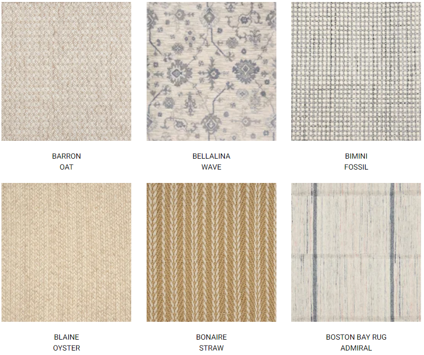 Six rug fabric swatches in neutral tones with patterns: solid, floral, grid, textured, striped, and vertical stripes.