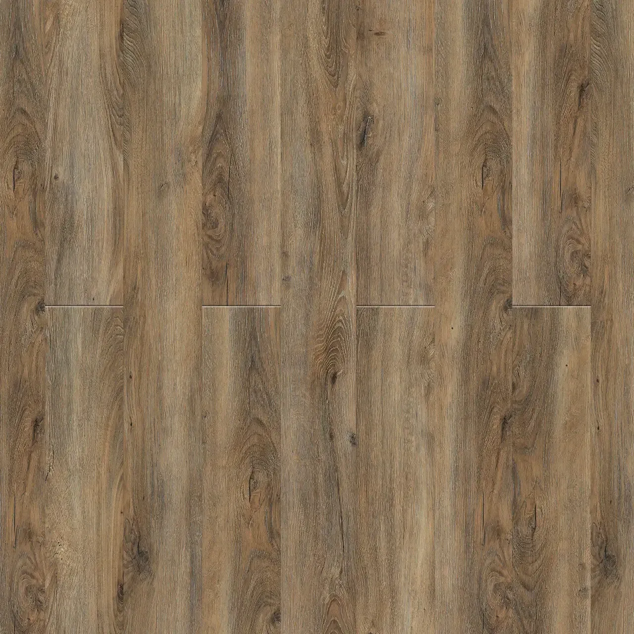 Wood-look flooring with brown and tan tones, showing wood grain texture.