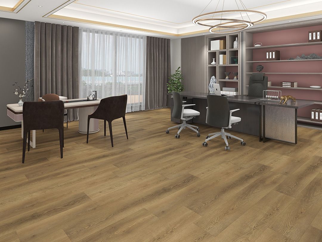 Office interior with wooden floors, desk, chairs, bookshelves, and a window with curtains.
