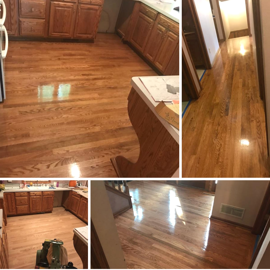 Hardwood floors in kitchen and hallway; glossy finish, with brown cabinets.