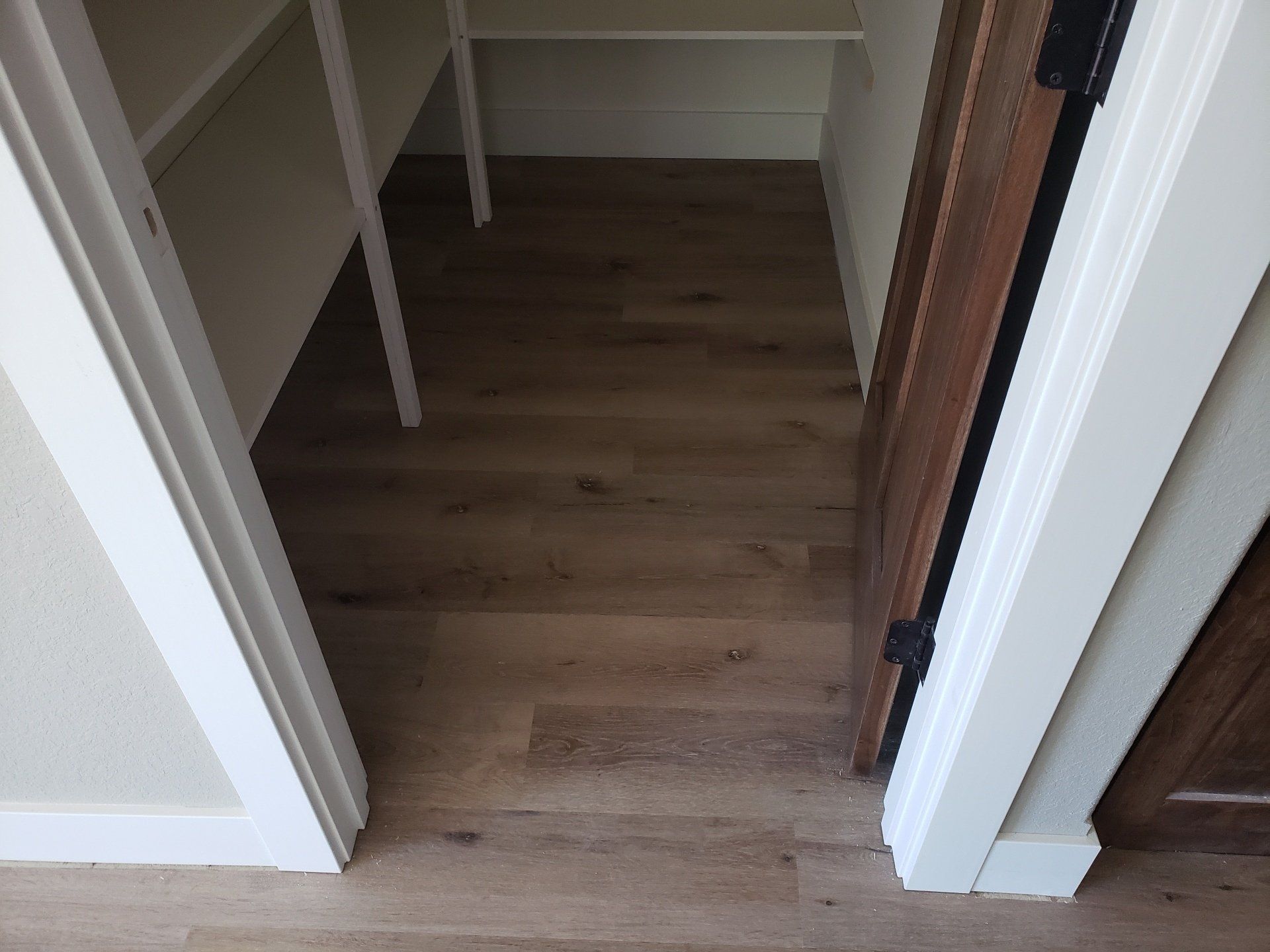 View into a closet with light brown wood-look flooring, white trim, and a wooden door.