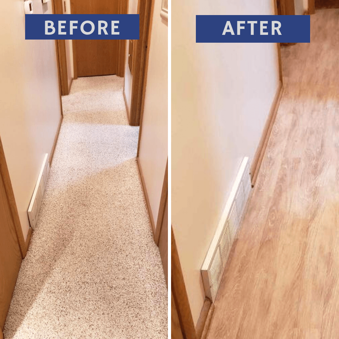 Hallway transformation: carpet before, light wood flooring after; tan walls, white trim.