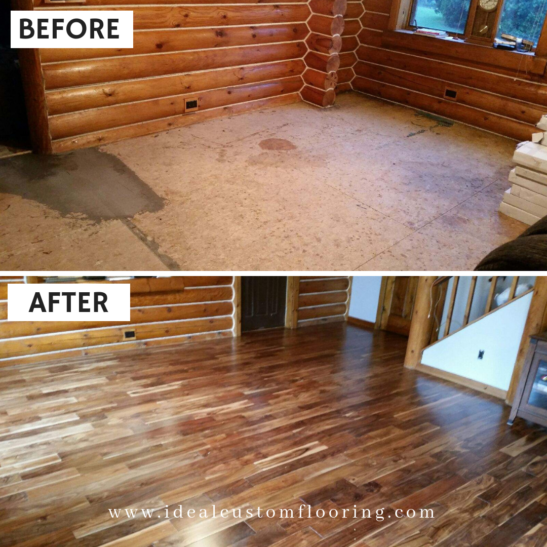 Before and after photos of a log cabin room; the dirty concrete floor is replaced with shiny hardwood.