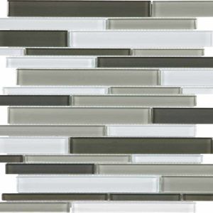 Mosaic tile with horizontal rectangular pieces in gray, white, and dark gray shades.
