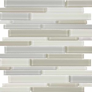 Neutral-toned glass mosaic tile with horizontal rectangular pieces in shades of white, cream, and gray.