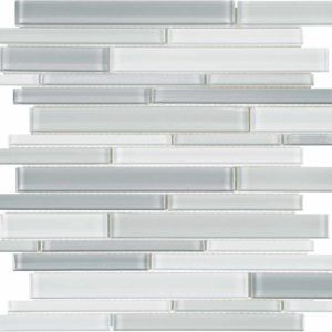 Mosaic tile in shades of white and gray arranged in a horizontal pattern.
