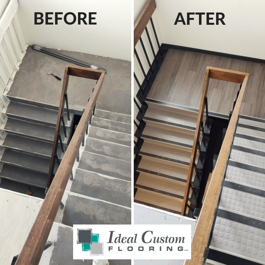 Before/after photo: Concrete stairs transformed to wood-look steps with matching handrail and black metal railing.