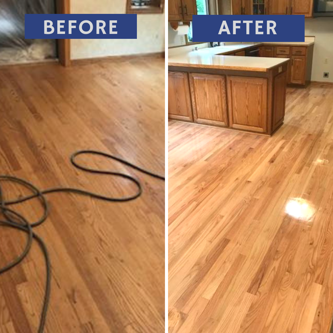 Before and after of a hardwood floor refinishing project. The floor looks shiny and new after being refinished.