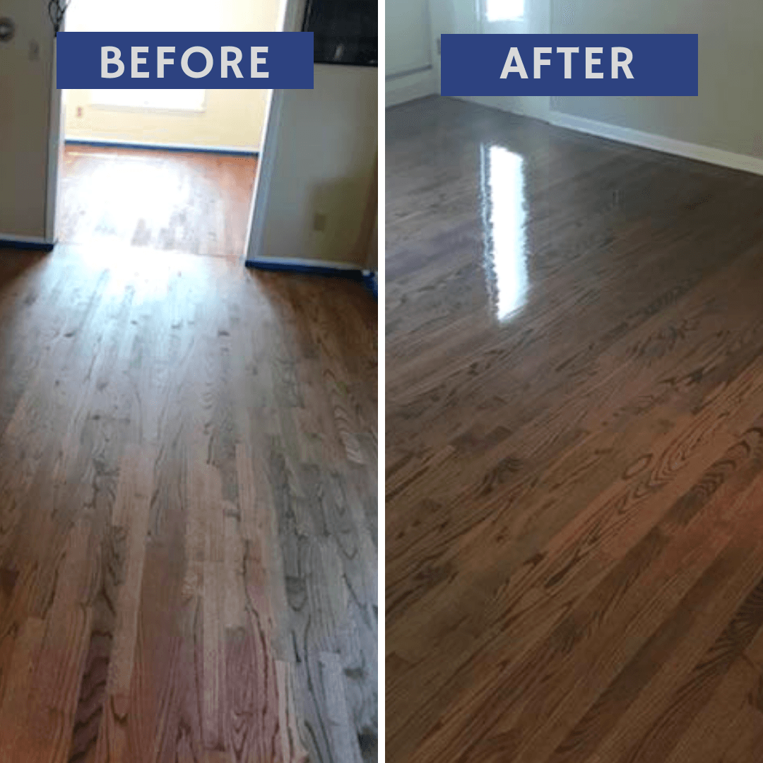 Before and after of hardwood floors, refinished to a glossy, rich brown color.