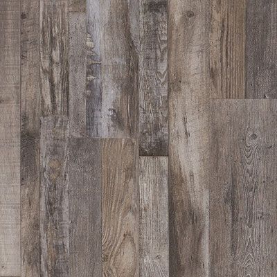 Close-up of distressed wood flooring with varying shades of brown and gray planks.
