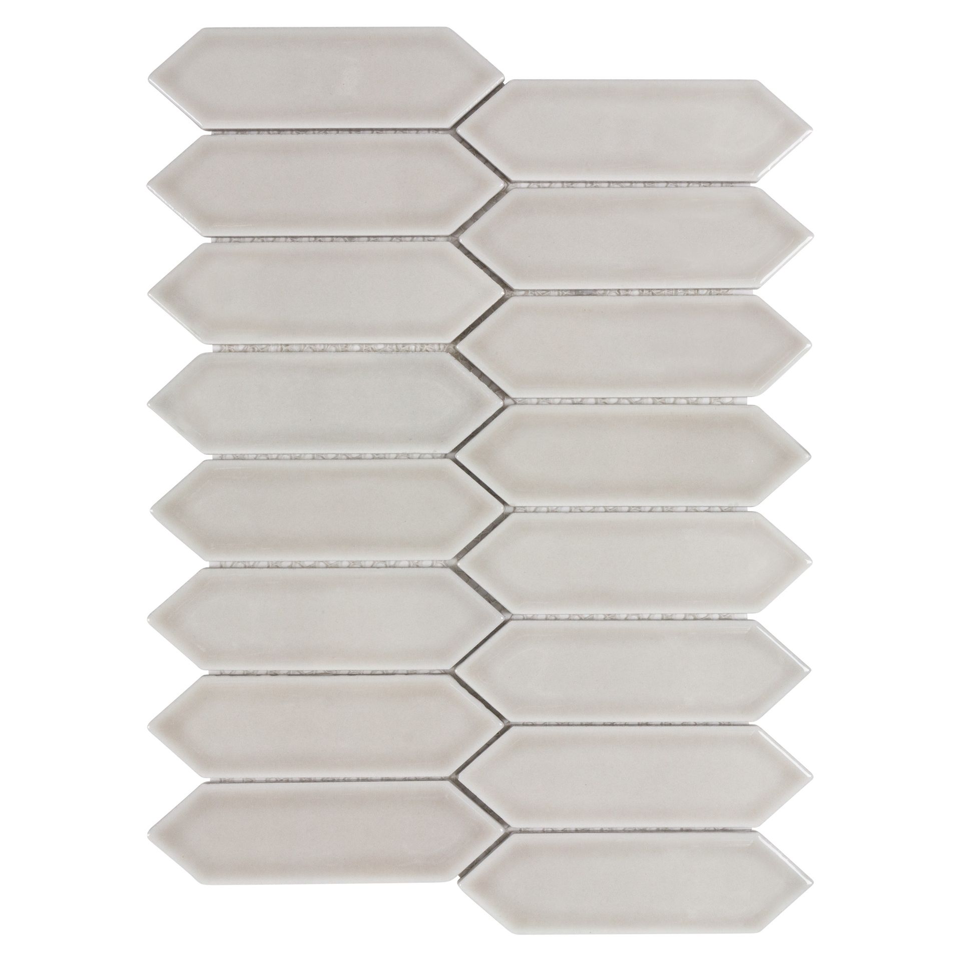 Light gray picket-shaped tile mosaic.