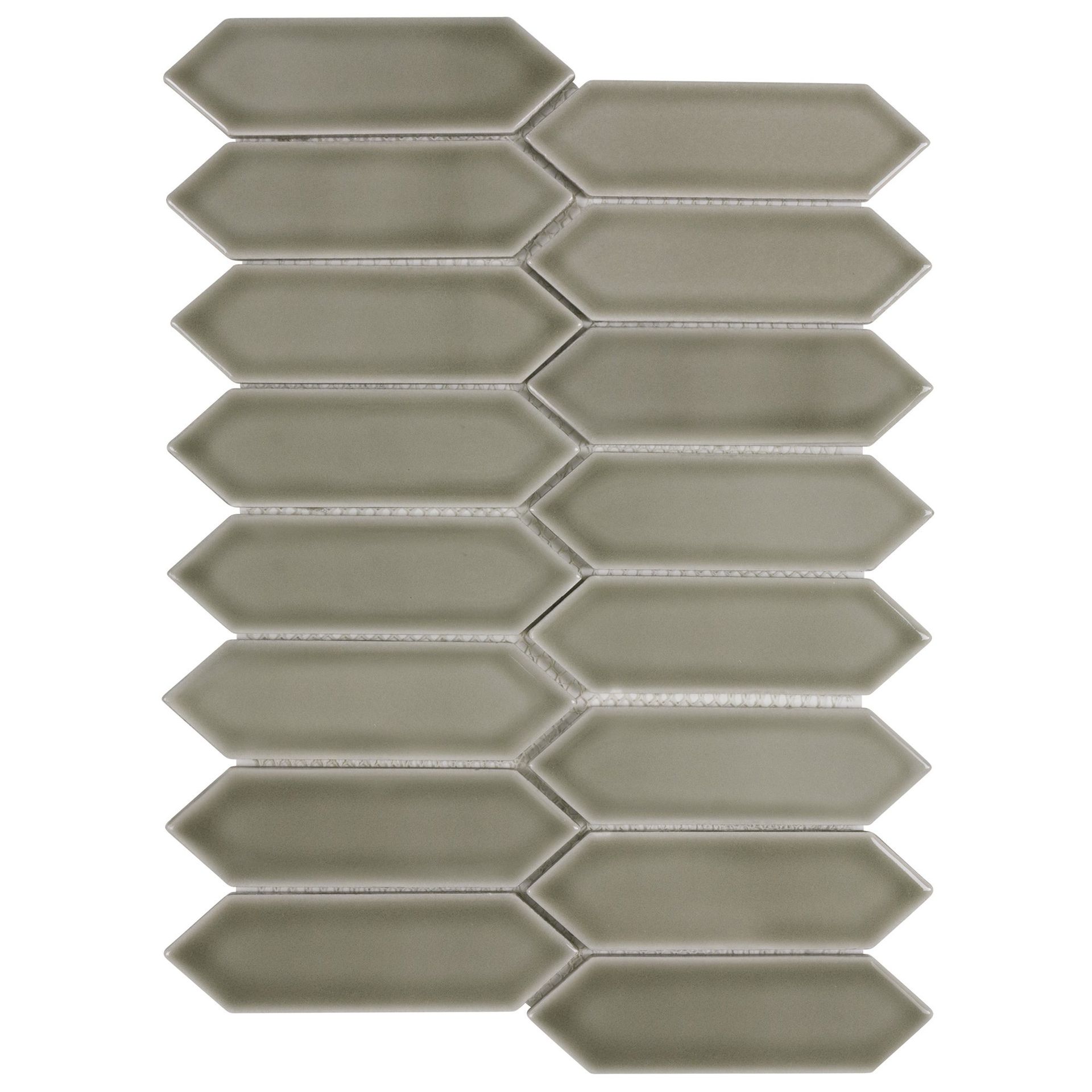 Gray picket-shaped tile mosaic arranged in a repeating pattern.