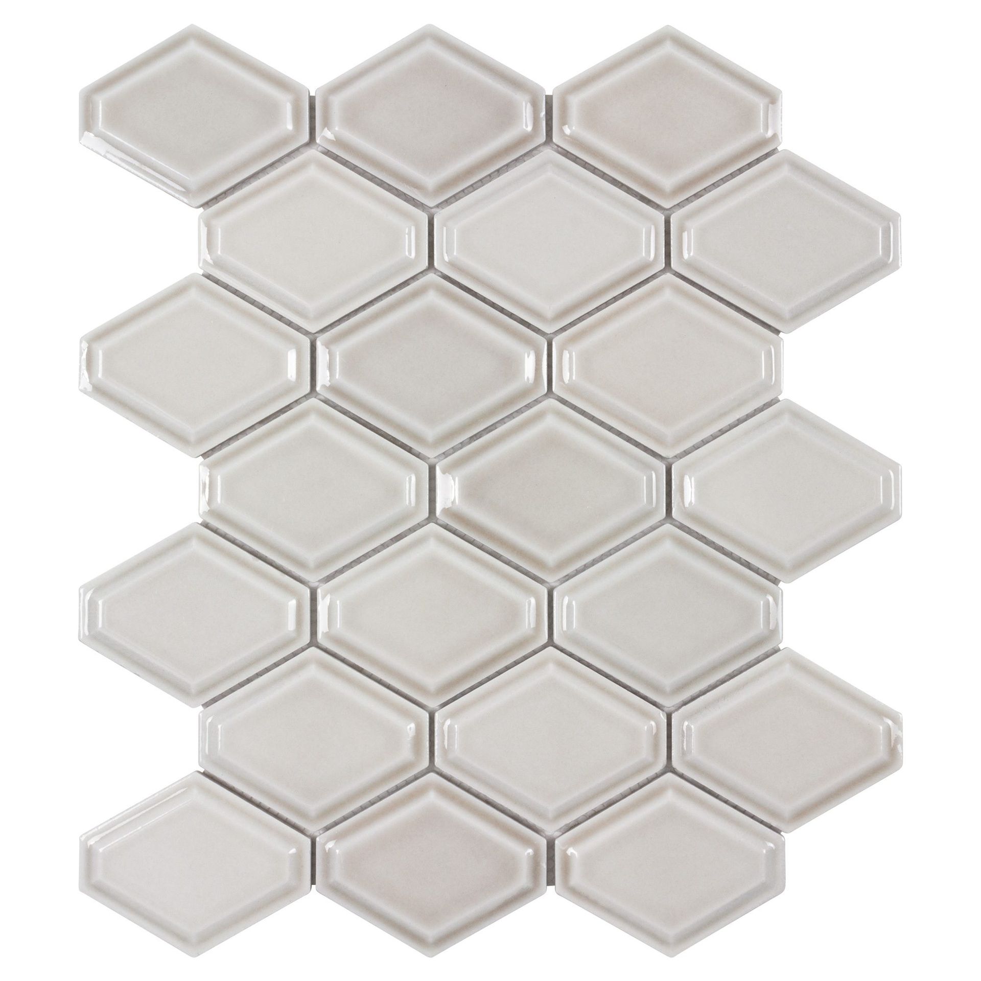 Light grey, diamond-shaped ceramic tile mosaic in a honeycomb pattern.