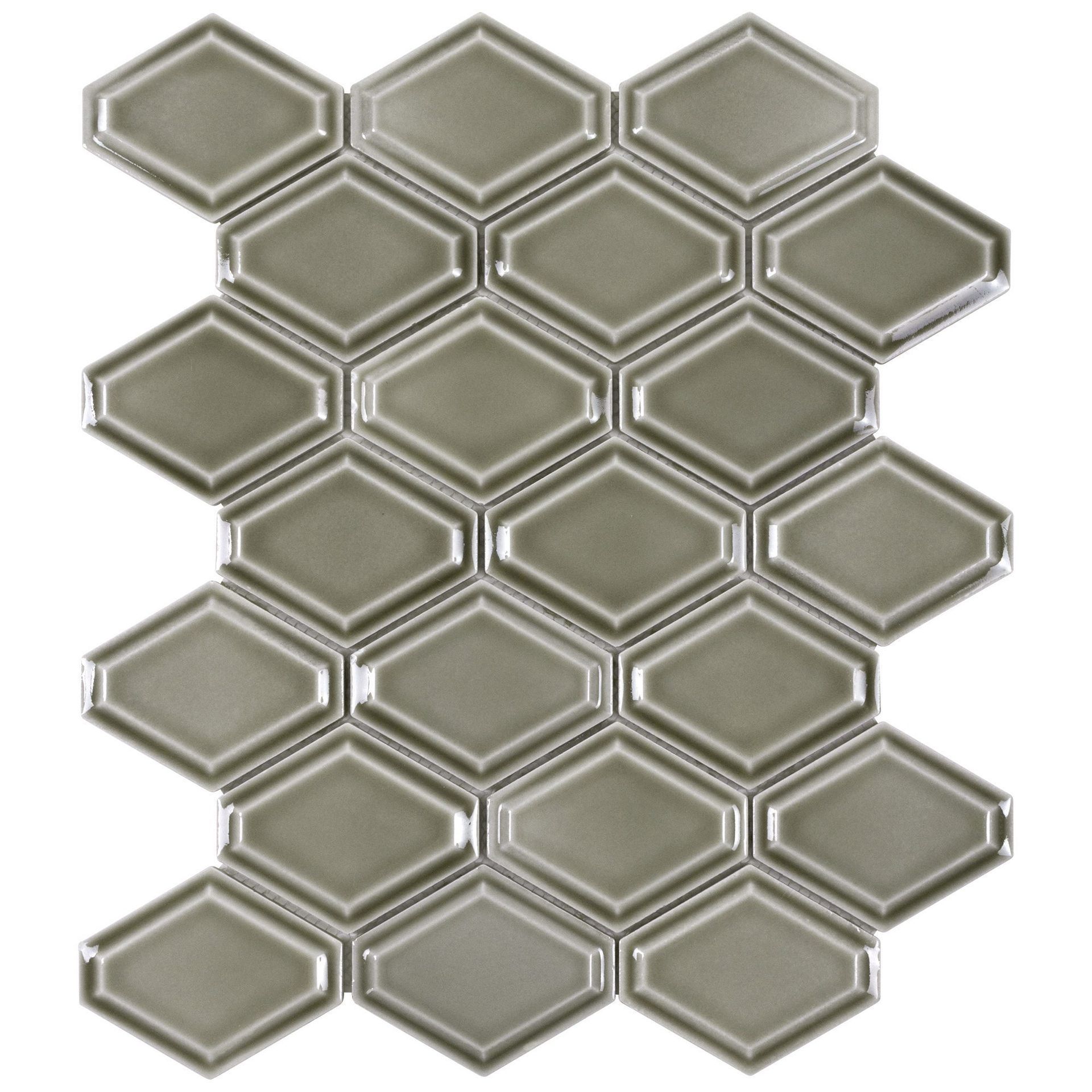 Gray diamond-shaped ceramic tile mosaic, arranged in a grid pattern.