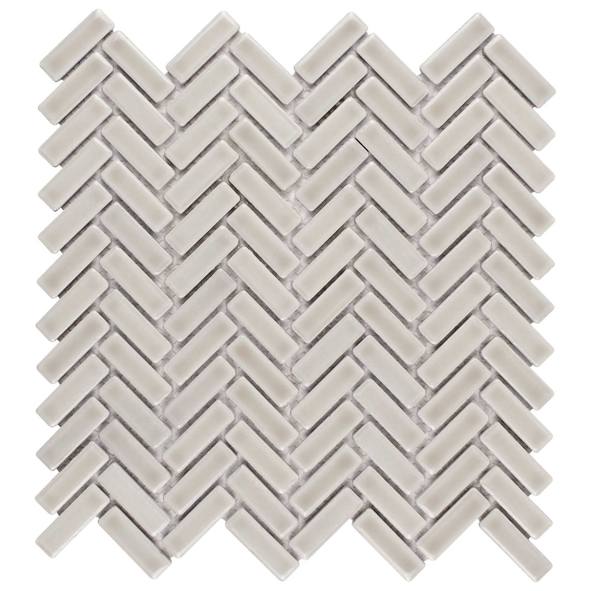 Herringbone pattern tile mosaic in light gray.