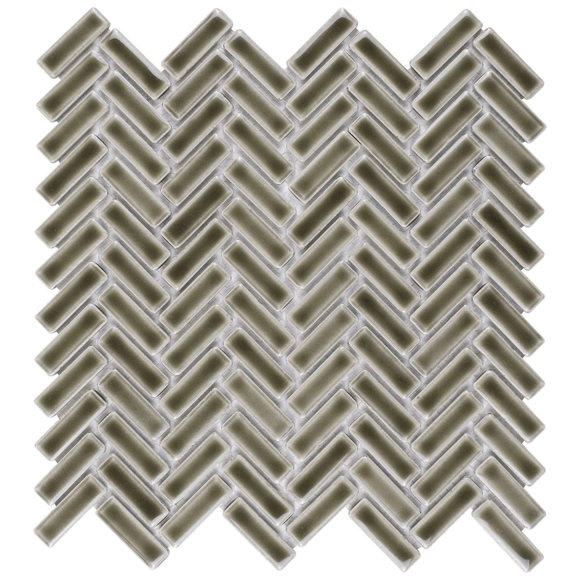 Herringbone pattern tile mosaic in muted green-gray, likely for flooring or wall decor.