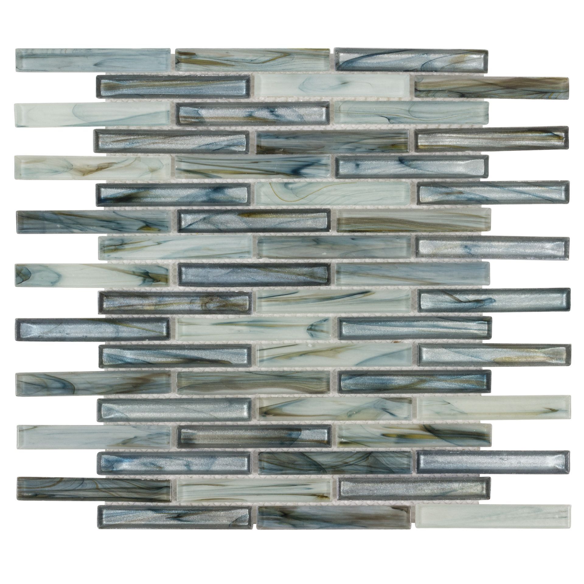 Blue, gray, and white glass mosaic tile arranged in a horizontal pattern.