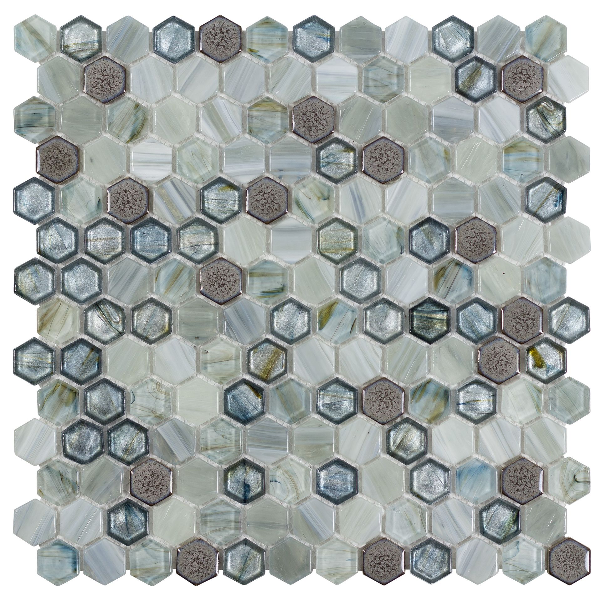 Mosaic tile in shades of blue, green, and gray with a honeycomb pattern.