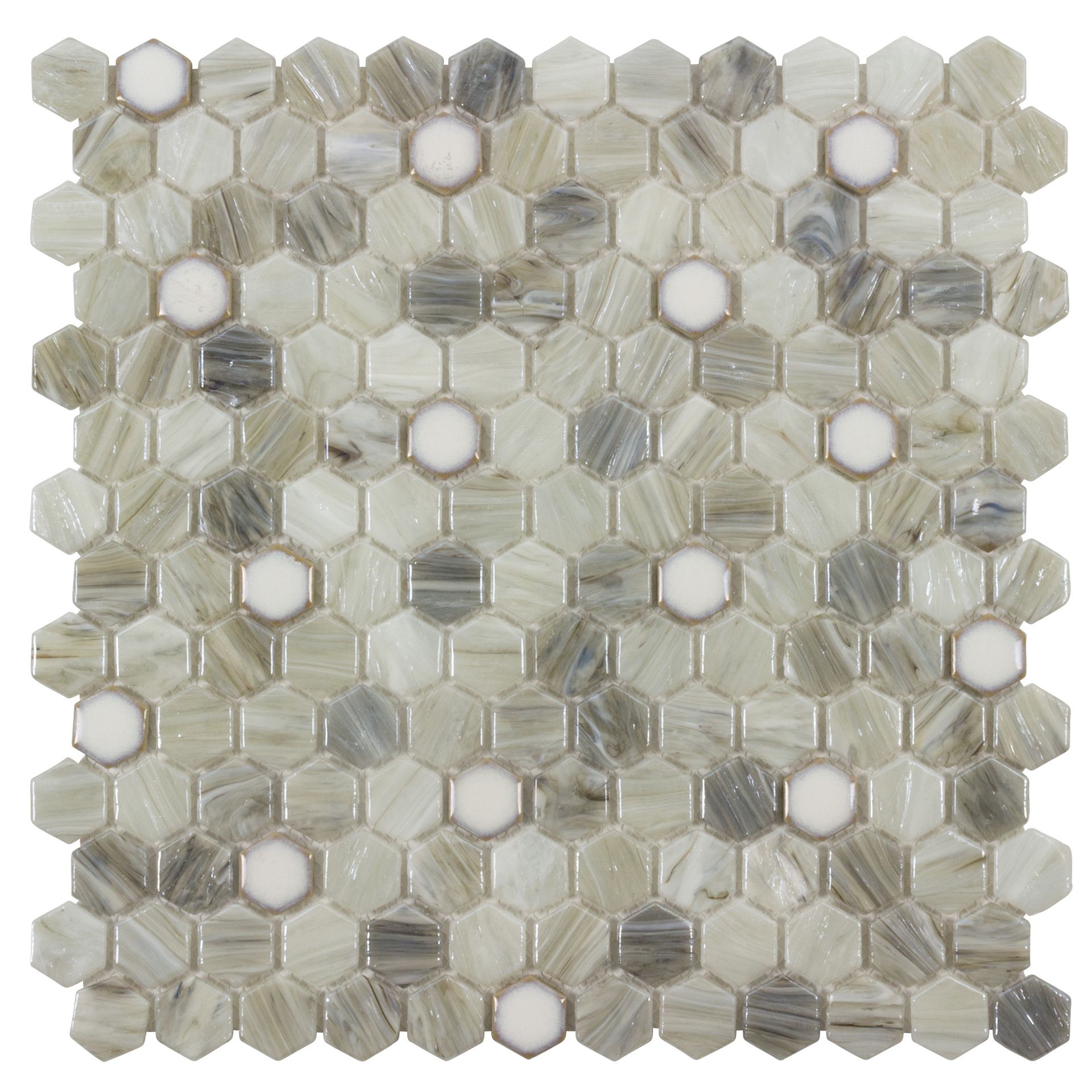 Mosaic tile pattern with gray, white, and cream hexagonal tiles, interspersed with white circles.