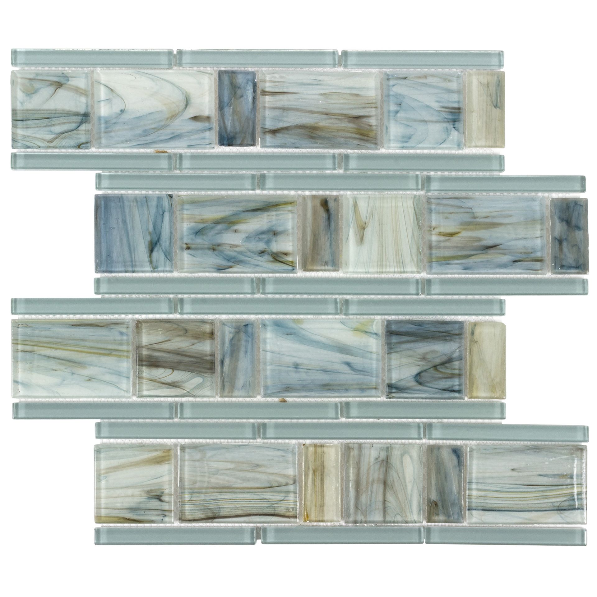 Four mosaic tile sheets, featuring rectangular glass and marble in blue and neutral tones.